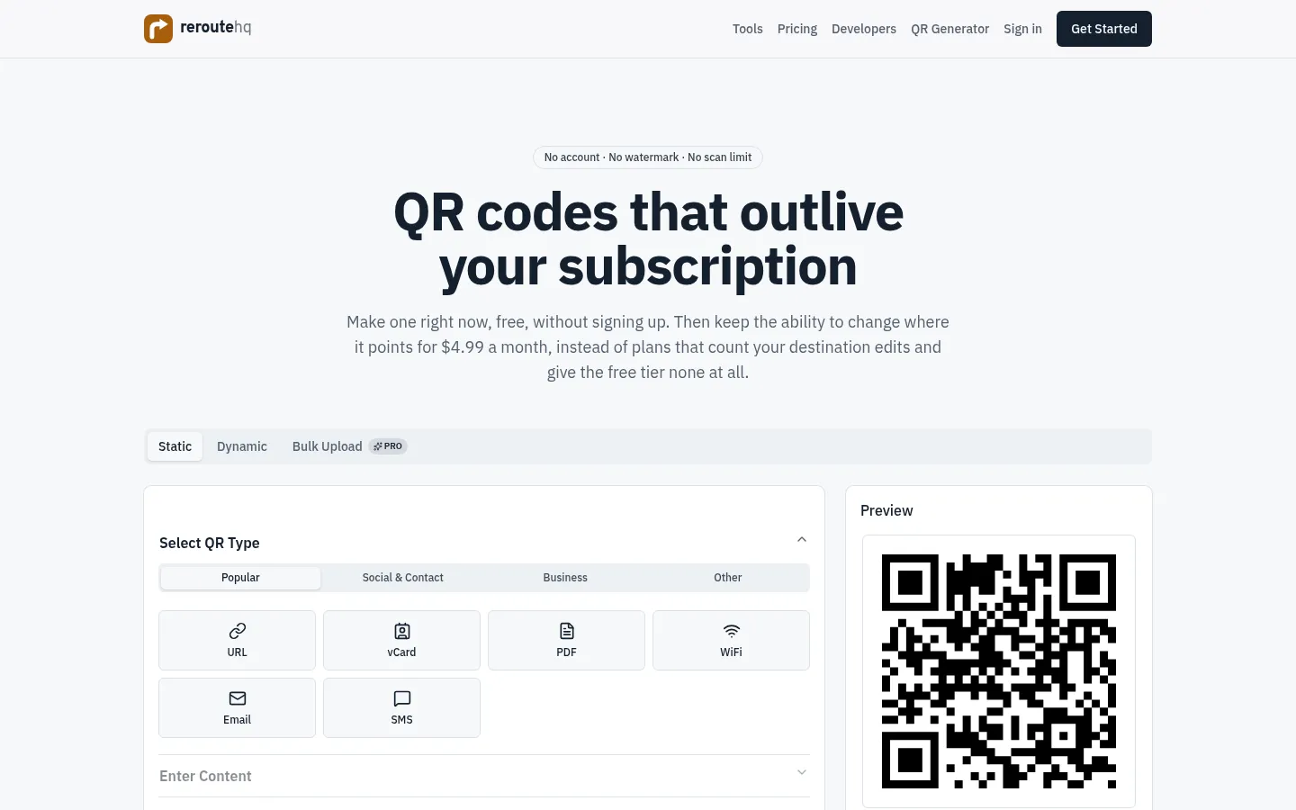 The current reroutehq homepage: "QR codes that outlive your subscription" in a bold sans-serif, above a redesigned QR code generator.