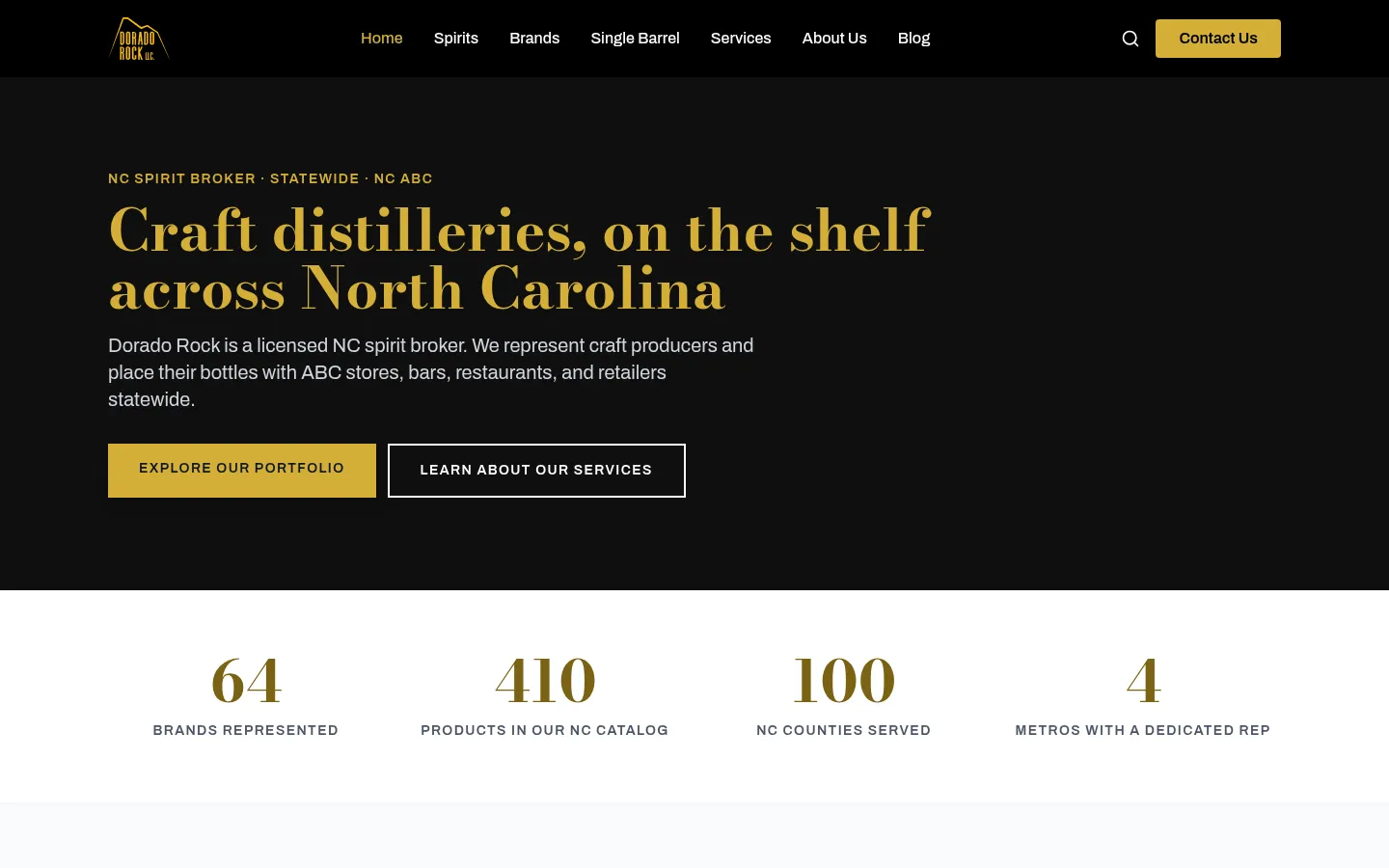 The current Dorado Rock homepage: "Craft distilleries, on the shelf across North Carolina" in gold serif type, with portfolio and services buttons.