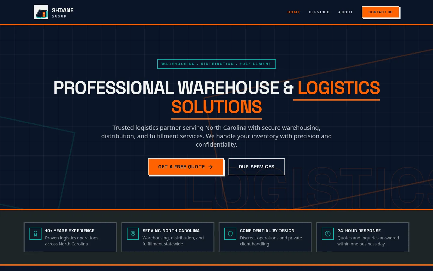 The current Shdane Group homepage: a dark navy industrial design with orange headings and buttons, a teal eyebrow label, and the new warehouse mark and "SHDANE GROUP" wordmark.