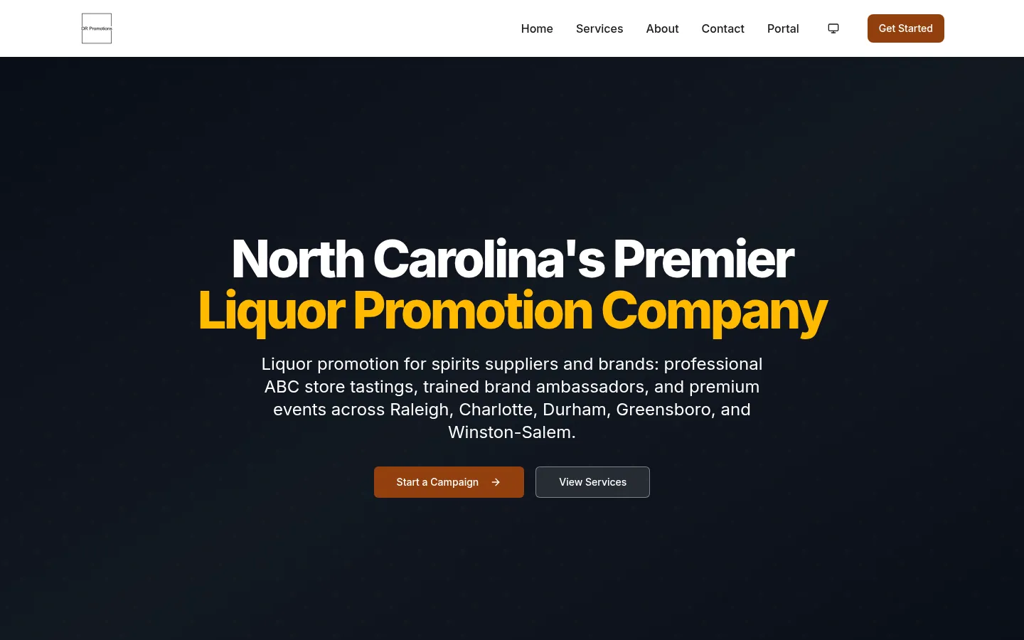 The current DR Promotions homepage: "North Carolina’s Premier Liquor Promotion Company" with full navigation and campaign buttons.