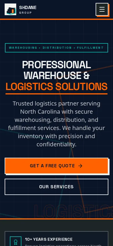The current Shdane Group homepage: a dark navy industrial design with orange headings and buttons, a teal eyebrow label, and the new warehouse mark and "SHDANE GROUP" wordmark. (mobile)