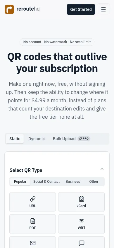 The current reroutehq homepage: "QR codes that outlive your subscription" in a bold sans-serif, above a redesigned QR code generator. (mobile)