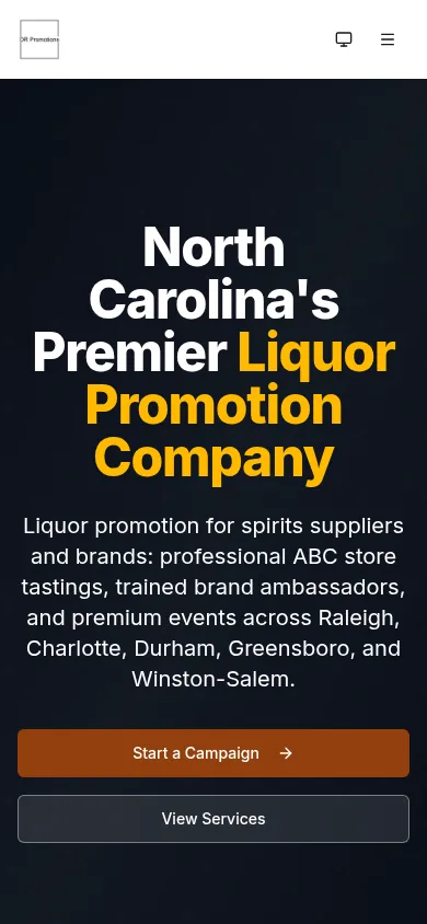 The current DR Promotions homepage: "North Carolina’s Premier Liquor Promotion Company" with full navigation and campaign buttons. (mobile)