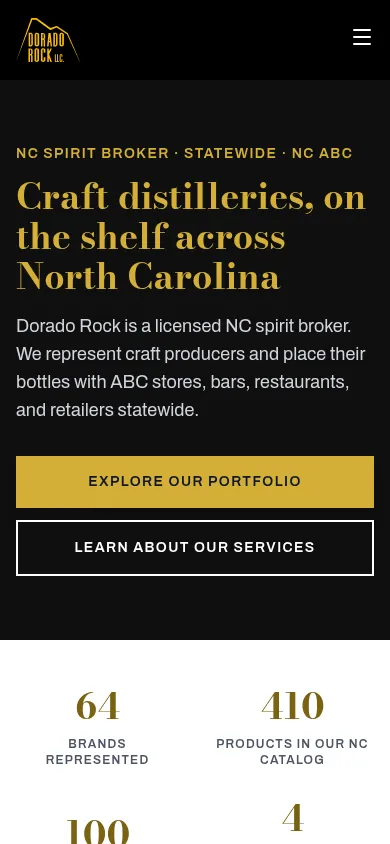 The current Dorado Rock homepage: "Craft distilleries, on the shelf across North Carolina" in gold serif type, with portfolio and services buttons. (mobile)