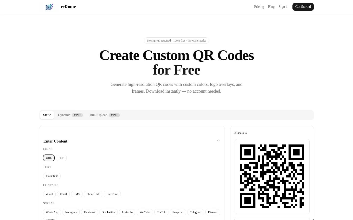 The first reRoute homepage: "Create Custom QR Codes for Free" in a fallback serif font above a QR code generator.