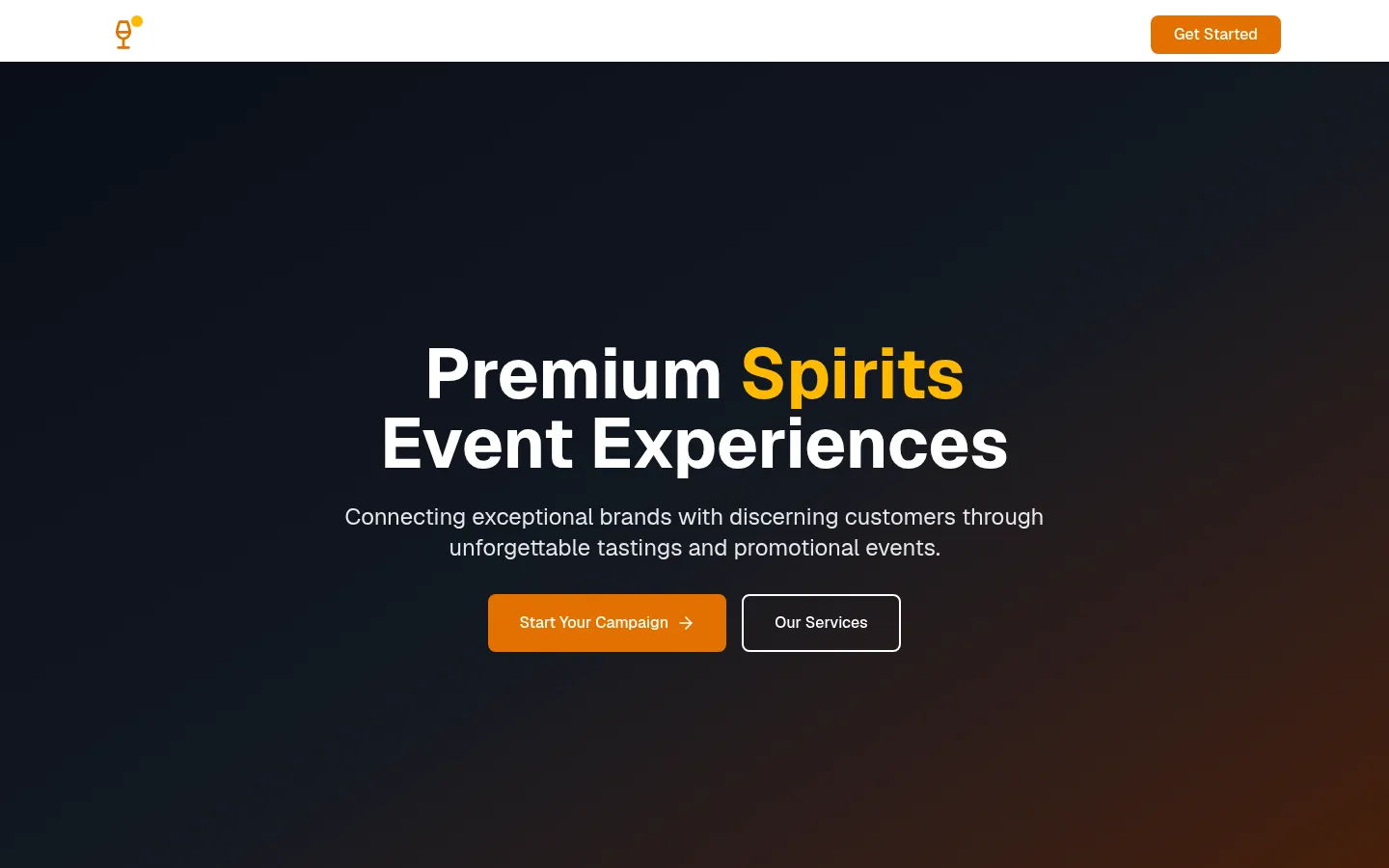 The first DR Promotions homepage: "Premium Spirits Event Experiences" on a dark gradient, with only a logo and a Get Started button in the header.