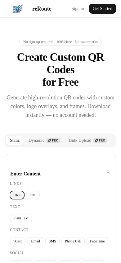 The first reRoute homepage: "Create Custom QR Codes for Free" in a fallback serif font above a QR code generator. (mobile)