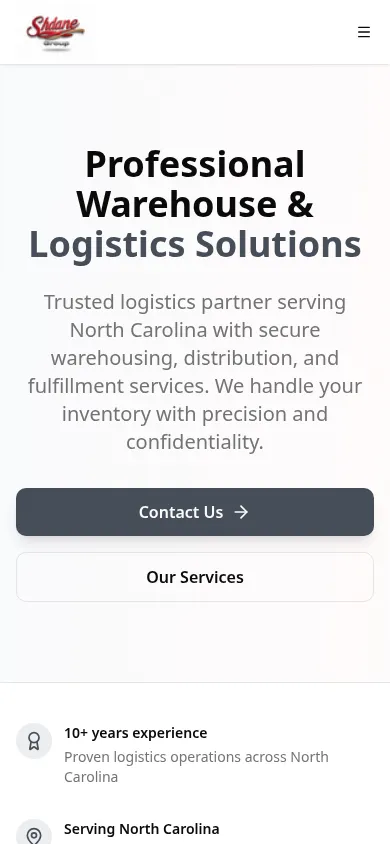 The Shdane Group homepage on 17 July 2026: a plain white and light grey layout with dark slate buttons, sentence-case headings, and the earlier red script emblem logo. (mobile)