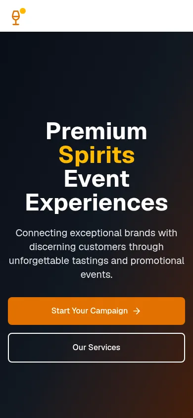 The first DR Promotions homepage: "Premium Spirits Event Experiences" on a dark gradient, with only a logo and a Get Started button in the header. (mobile)